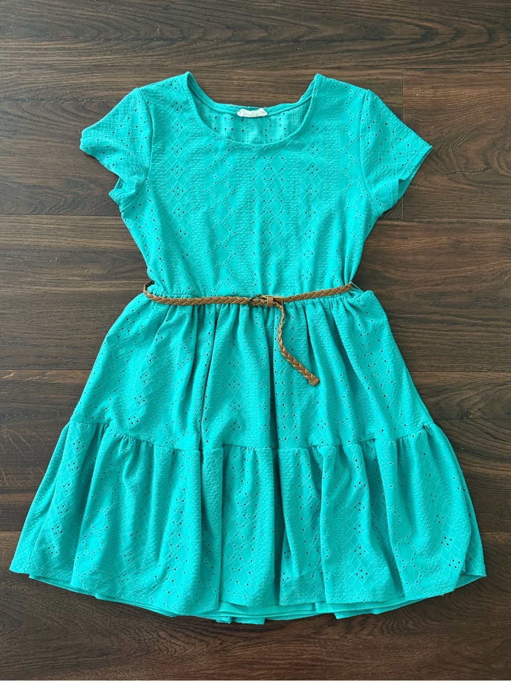 Beautees Turquoise Eyelet Tiered Dress with Braided Belt